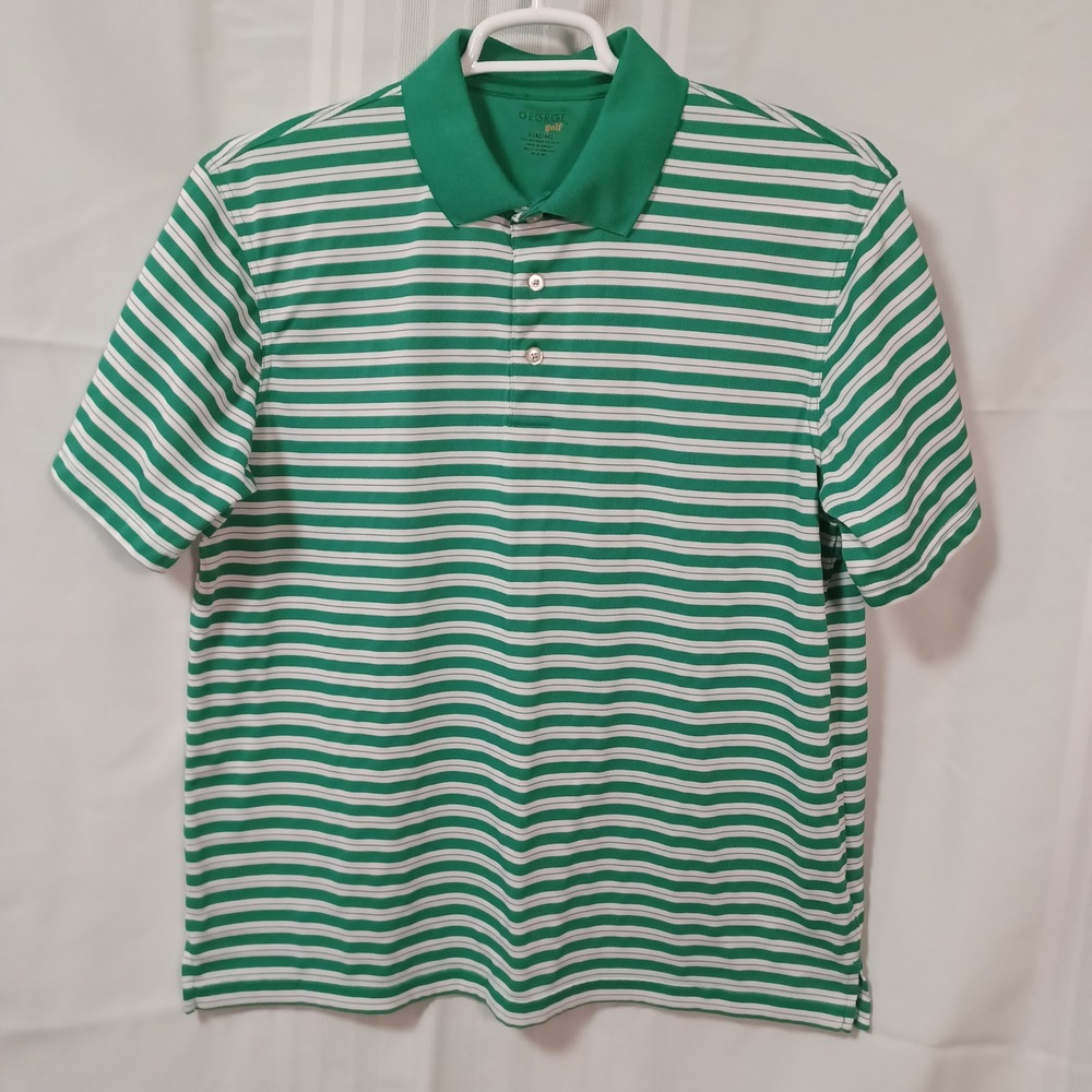 George Golf Mens Large Green White Striped Short Sleeve Performance Polo Shirt